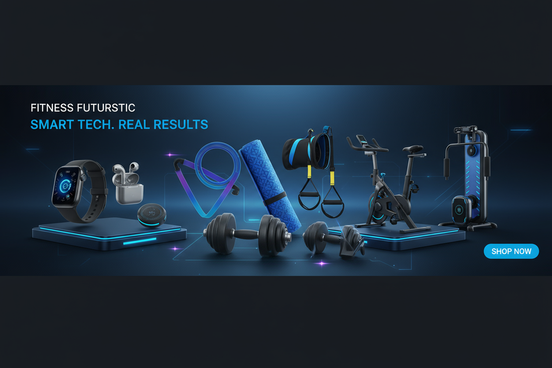 Create banner image for my fitness niche store mainly deal in smart fitness gadgets fitness accesories and home workout equipments