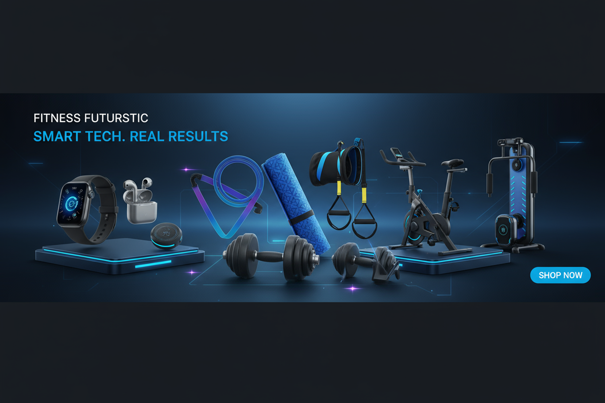 Create banner image for my fitness niche store mainly deal in smart fitness gadgets fitness accesories and home workout equipments