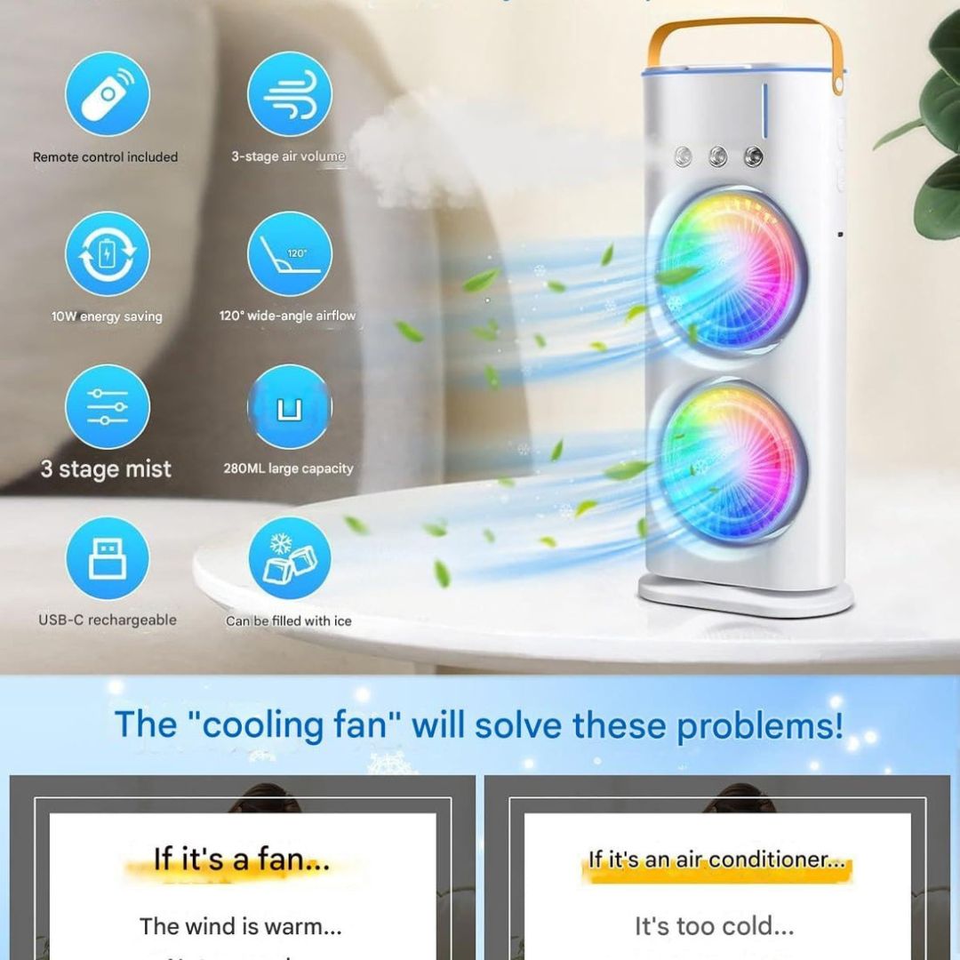 Portable Fan Double Ended Spray Fan Desk Fan with Cooler USB Rechargeable